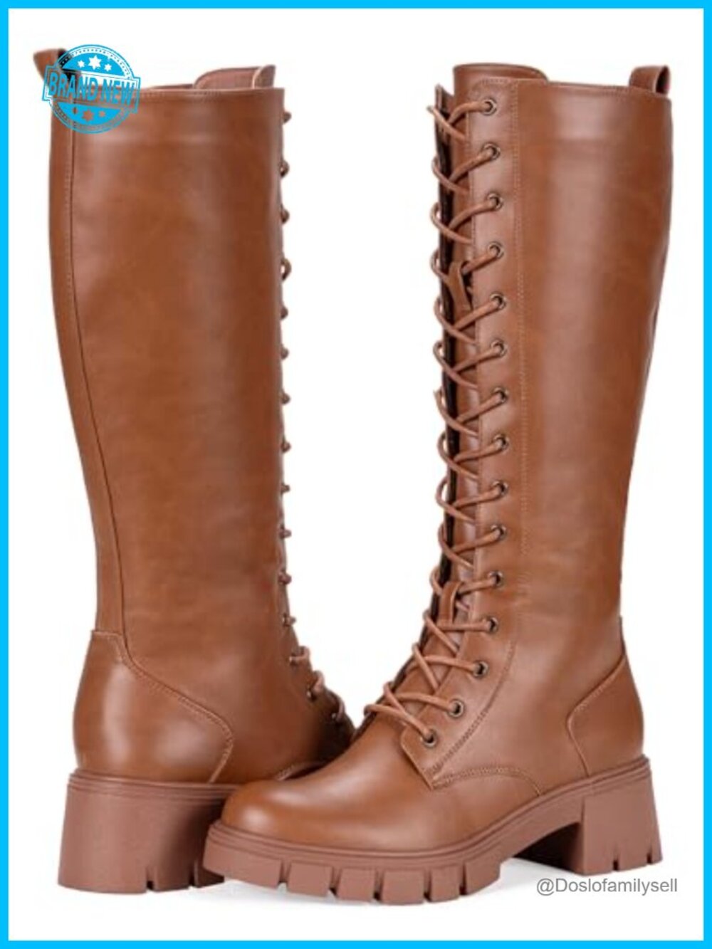 Lace Up Platform Chunky Heel Knee High Combat Boots Faux Leather